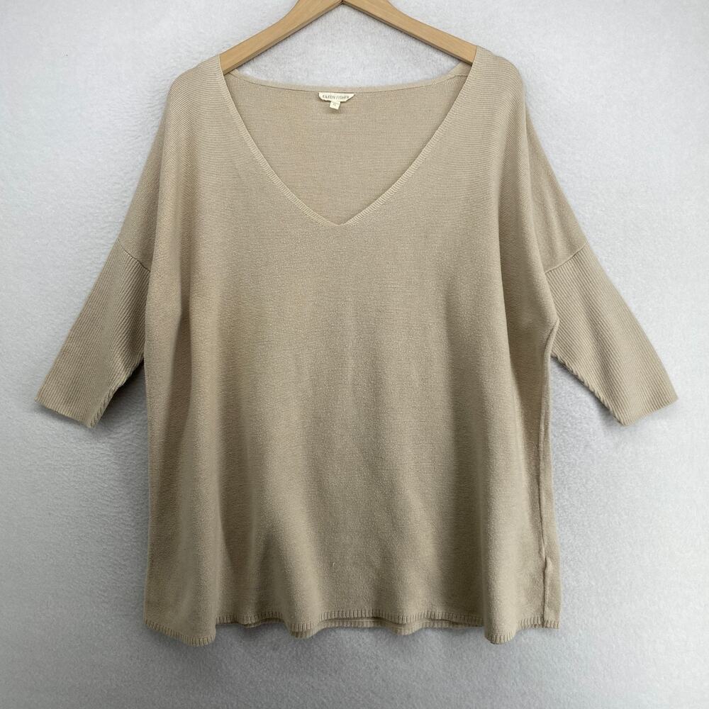 EILEEN FISHER Sweater XL Organic Cotton Tunic Deep V-Neck Dolman Sleeve Beige
